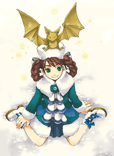 anastasia (shadow hearts), joachim valentine, shadow hearts, shadow hearts ii, bat (animal), boots, braid, braided hair rings, brown hair, green eyes, hair rings, hat, kneeling, snow