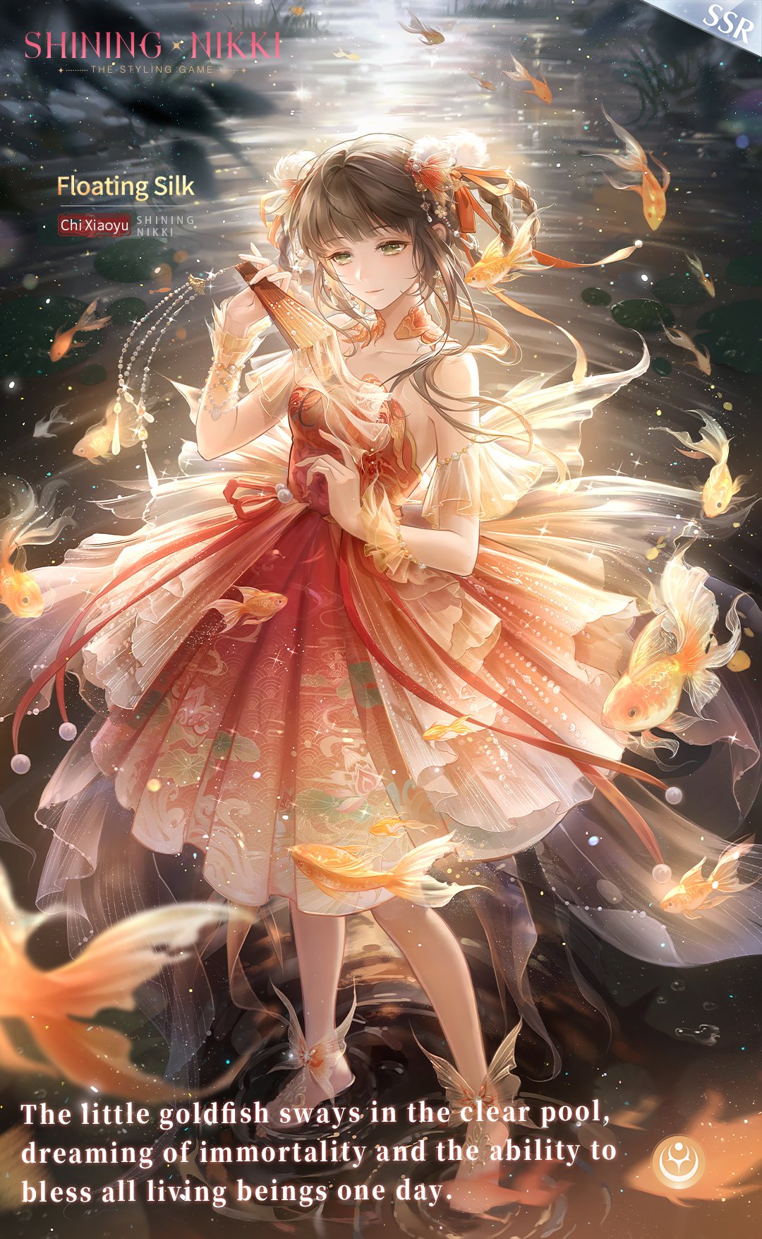 nikki (series), shining nikki, artist request, highres, official art, second-party source, 1girl, ankle cuffs, back bow, bamboo, bare legs, barefoot, beads, bow, braid, braided hair rings, brown hair, chi xiaoyu, chinese clothes, closed mouth, collar, collarbone, detached collar, dress, fish, floating silk (shining nikki), floral dress, flying fish, folded fan, folding fan, full body, goldfish, green eyes, hair ornament, hair rings, hand fan, happy, holding, holding fan, lake, large bow, light particles, lily pad, long hair, looking at object, night, outdoors, pleated dress, pom pom (clothes), pom pom hair ornament, print dress, red collar, red dress, ripples, sidelocks, smile, solo, standing, standing on liquid, strapless, strapless dress, tassel, tassel hair ornament, wrist cuffs, yellow bow, yellow wrist cuffs