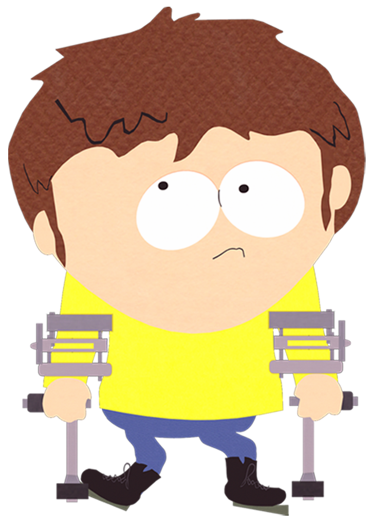 non-web source, 1boy, blue pants, brown hair, crutch, pants, shirt, shoes, solo, south park (style), transparent background, yellow shirt
