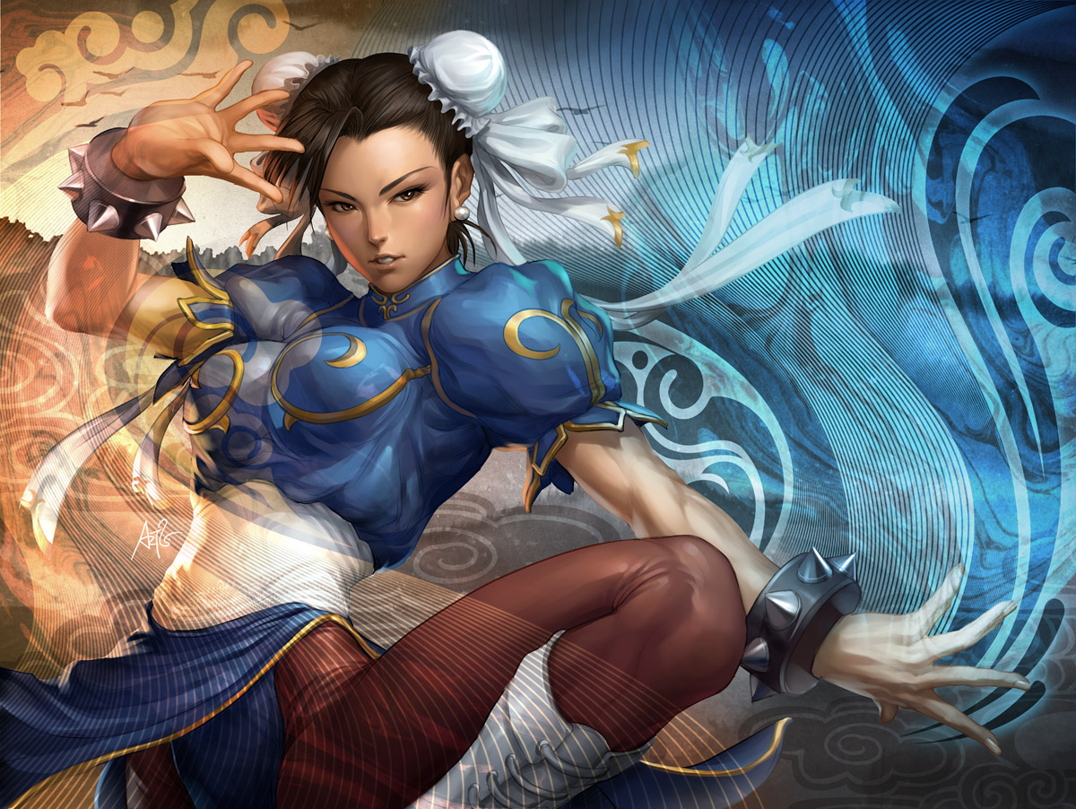 stanley lau, chun-li, capcom, street fighter, bracelet, brown eyes, brown hair, bun cover, china dress, chinese clothes, double bun, jewelry, pantyhose, spiked bracelet, spikes