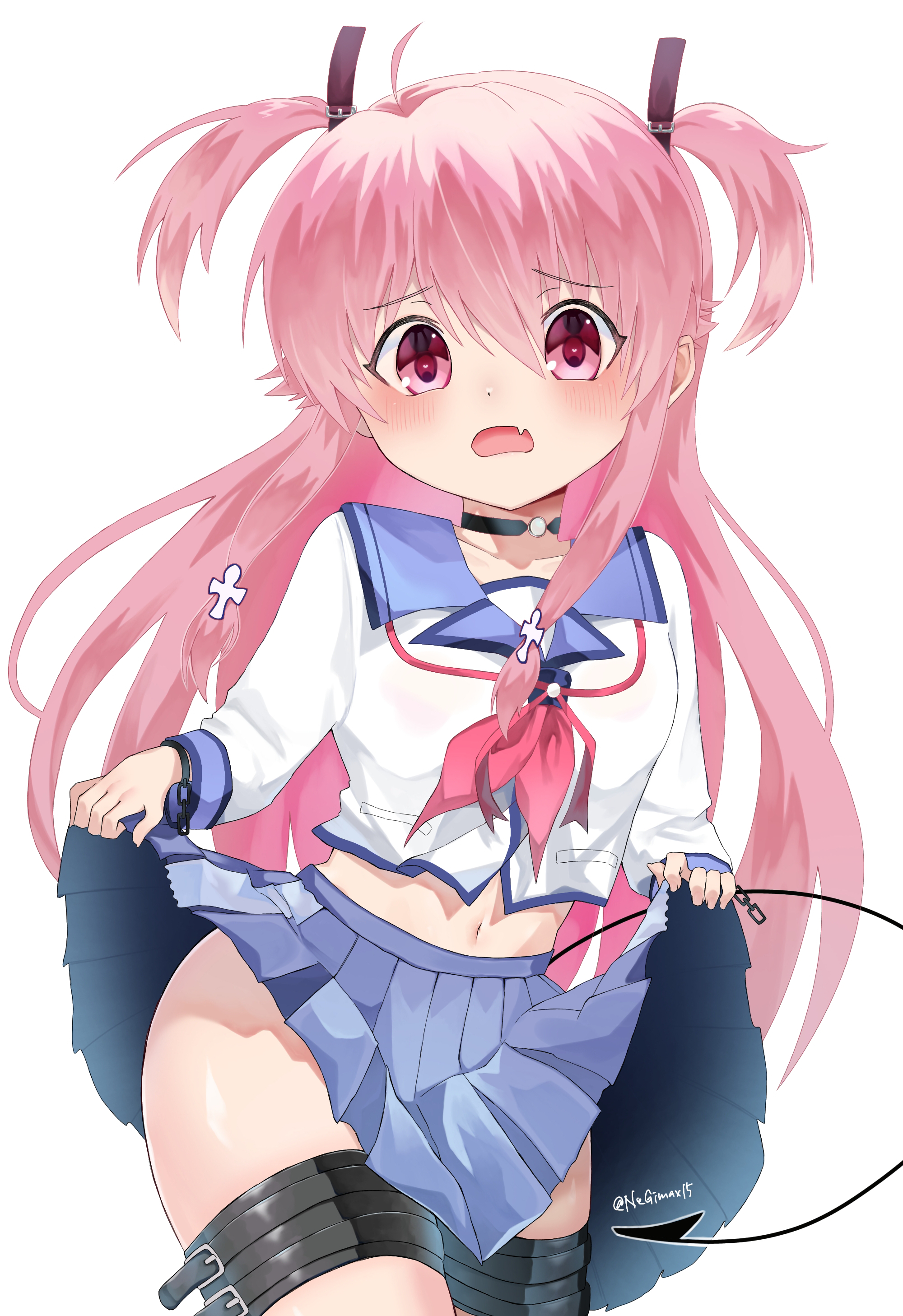 yui (angel beats!), angel beats!, absurdres, commentary request, highres, 1girl, artist name, black choker, blue skirt, blue trim, blush, choker, clothes lift, cowboy shot, cross hair ornament, demon tail, fake tail, fang, hair ornament, lifting own clothes, long hair, long sleeves, looking at viewer, midriff, navel, neck ribbon, negimax15, open mouth, pink eyes, pink hair, pink ribbon, pleated skirt, ribbon, school uniform, shinda sekai sensen uniform, shirt, sidelocks, simple background, skin fang, skirt, skirt lift, solo, tail, thigh strap, two side up, white background, white shirt