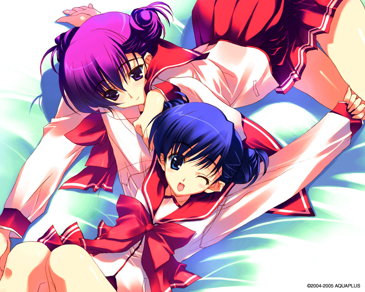 himeyuri ruri, himeyuri sango, to heart (series), to heart 2, 00s, 2girls, blush, multiple girls, one eye closed, school uniform, serafuku, siblings, sisters, twins, wink
