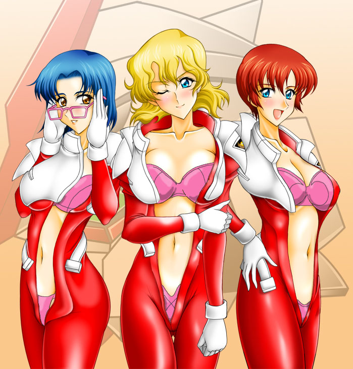 asagi caldwell, juri wu nien, mayura labatt, gundam, gundam seed, pilot suit, 00s, 3girls, blonde hair, blue eyes, blue hair, blush, bodysuit, bra, breasts, brown eyes, center opening, cleavage, glasses, large breasts, lingerie, multiple girls, navel, one eye closed, open bodysuit, open clothes, panties, red hair, short hair, underwear, unzipped, wink