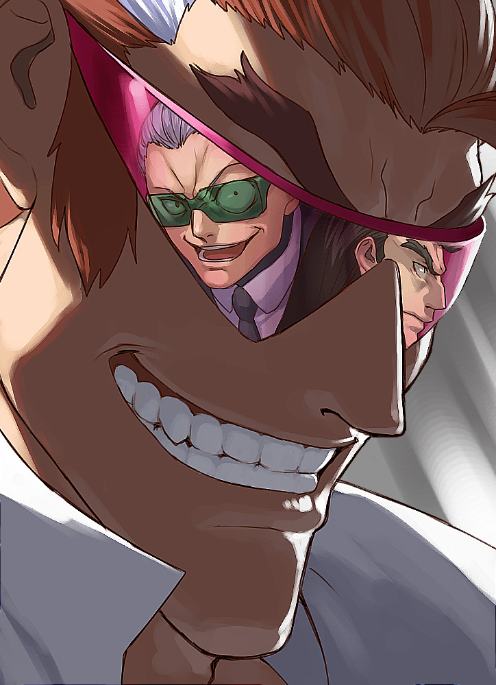 azusa (hws), kyouji mujo, martin zigmarl, straight cougar, scryed, 00s, 3boys, grin, male focus, multiple boys, portrait, reflection, smile, sunglasses, wrap-around shades