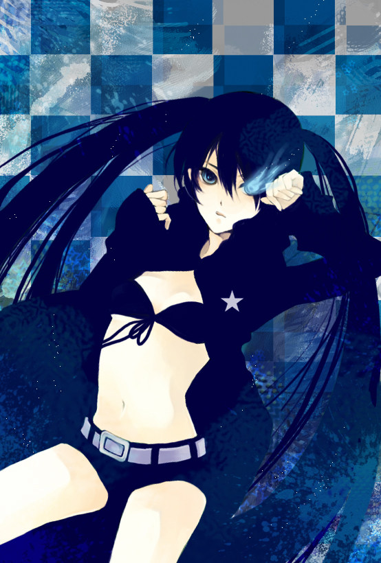 yui kura, black rock shooter (character), black rock shooter, vocaloid, 10s, 1girl, black hair, blue eyes, female focus, long hair, midriff, ribbon, shorts, solo, swimsuit, twintails