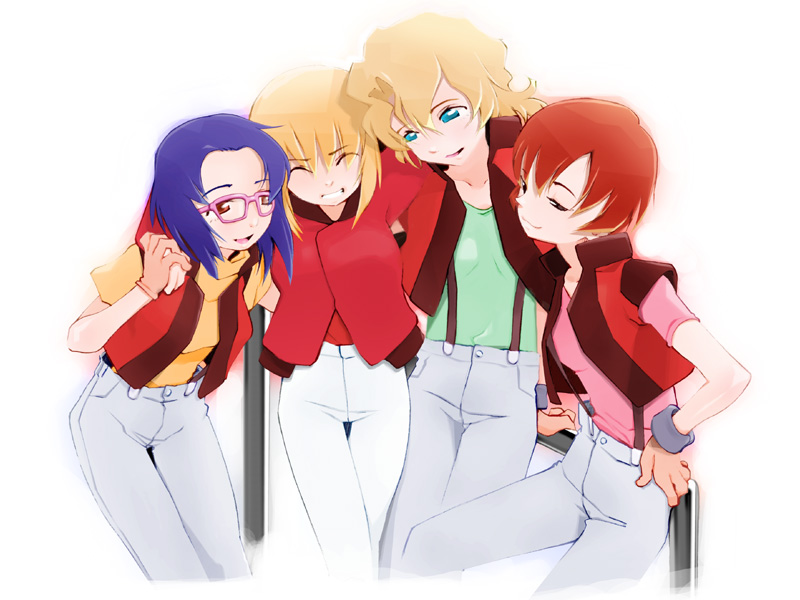 miito shido, asagi caldwell, cagalli yula athha, juri wu nien, mayura labatt, gundam, gundam seed, 00s, 4girls, blonde hair, blue eyes, blue hair, closed eyes, coat, glasses, gloves, jacket, multiple girls, red eyes, red hair, short hair, vest