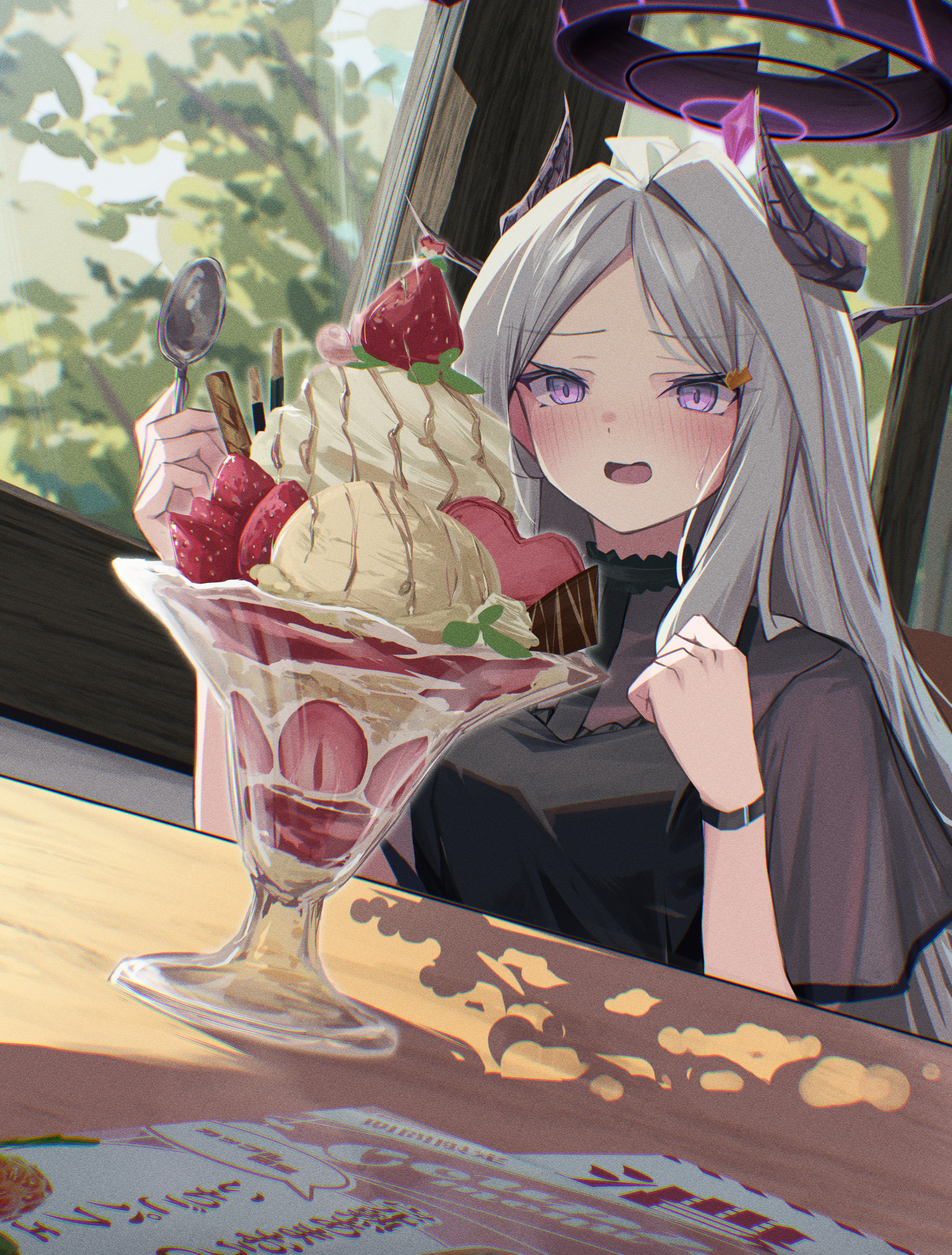 supic1711, hina (blue archive), blue archive, absurdres, highres, 1girl, alternate costume, black shirt, blush, demon girl, demon horns, food, grey hair, halo, holding, holding spoon, horns, indoors, open mouth, parfait, purple eyes, purple halo, see-through clothes, see-through sleeves, shirt, solo, spoon, sweatdrop