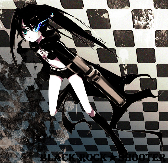 pokachi, black rock shooter (character), black rock shooter, vocaloid, bad id, bad pixiv id, 10s, 1girl, arm cannon, black hair, blue eyes, female focus, full body, gun, midriff, shorts, socks, solo, twintails, weapon