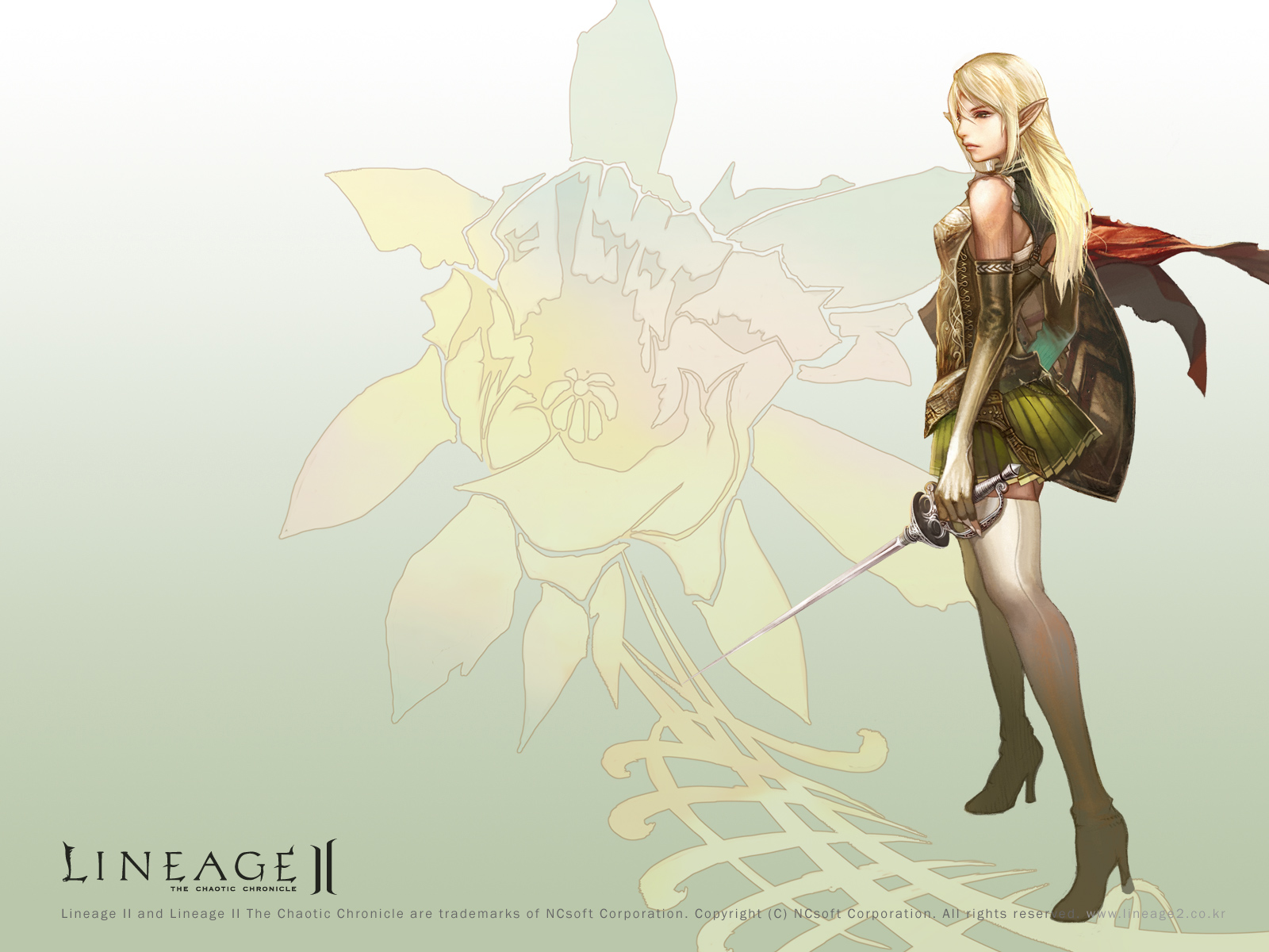 elf (lineage 2), lineage, lineage 2, highres, official art, official wallpaper, 1girl, armor, blonde hair, elf, female focus, long hair, pointy ears, rapier, shield, skirt, solo, sword, thighhighs, weapon