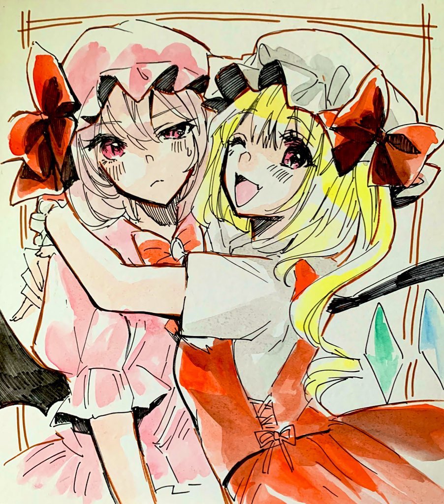 iori (akaringo), flandre scarlet, remilia scarlet, touhou, 2girls, bat wings, blonde hair, hat, hat ribbon, hug, looking at viewer, medium hair, mob cap, multiple girls, one eye closed, open mouth, purple hair, red eyes, red ribbon, ribbon, short sleeves, side-by-side, wings