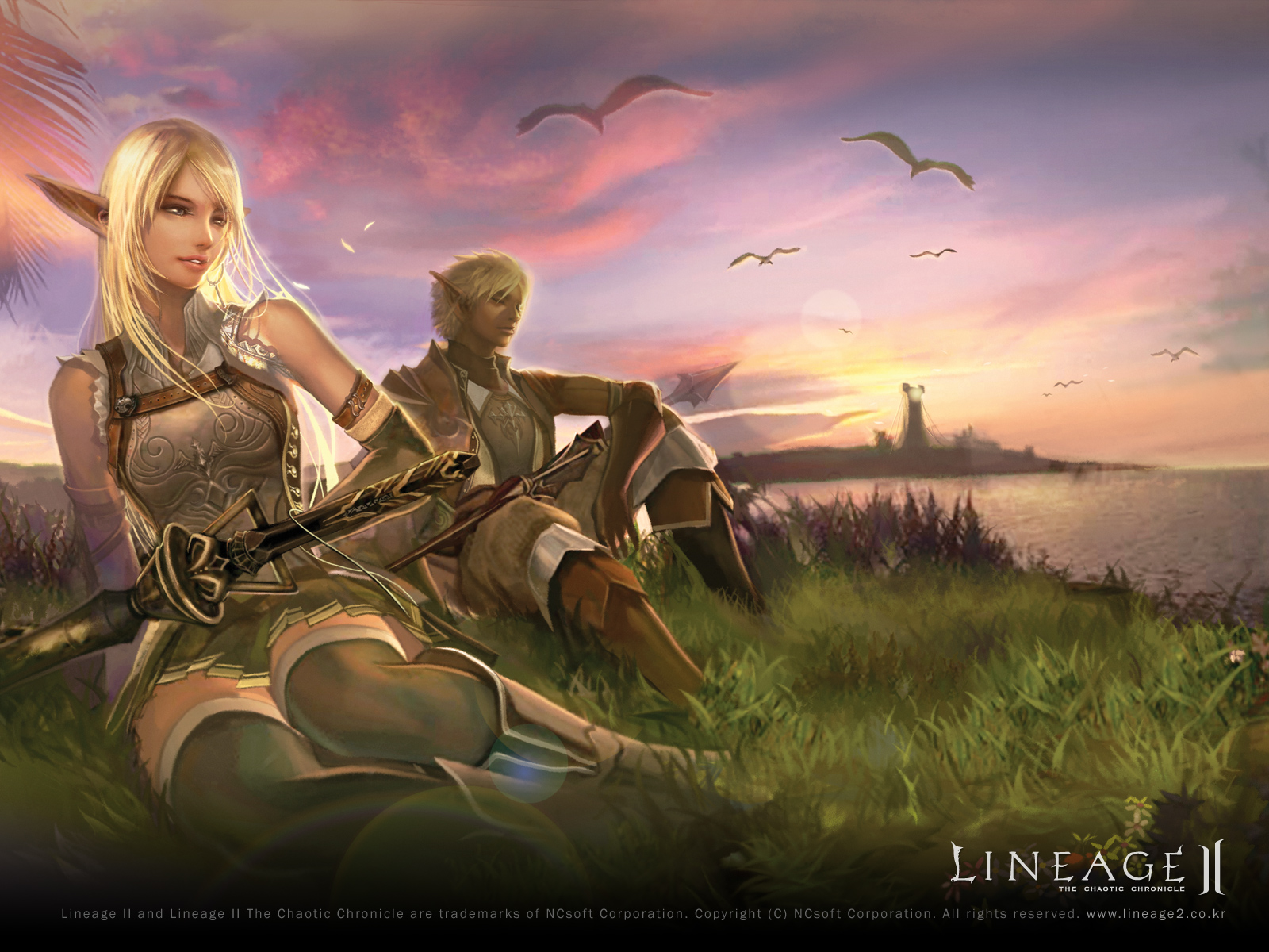 elf (lineage 2), lineage, lineage 2, highres, official art, official wallpaper, 1boy, 1girl, bird, blonde hair, elf, grass, long hair, pointy ears, sitting, sky, sunset, sword, thighhighs, weapon
