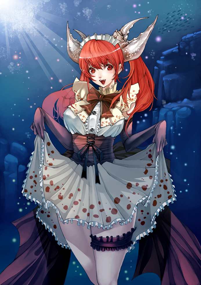 fasces (jeson110), long hair, ocean, red eyes, red hair, ribbon, shell, skirt, solo, underwater, water