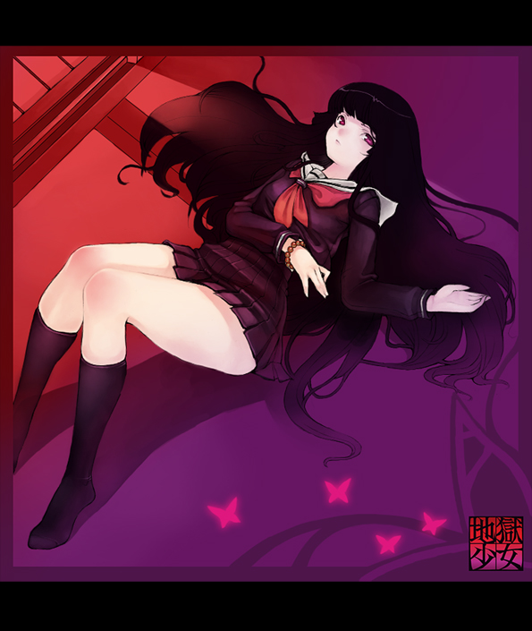 fasces (jeson110), enma ai, jigoku shoujo, 00s, 1girl, black hair, black serafuku, blunt bangs, copyright name, feet, female focus, hime cut, legs, long hair, lying, purple eyes, school uniform, serafuku, skirt, socks, solo