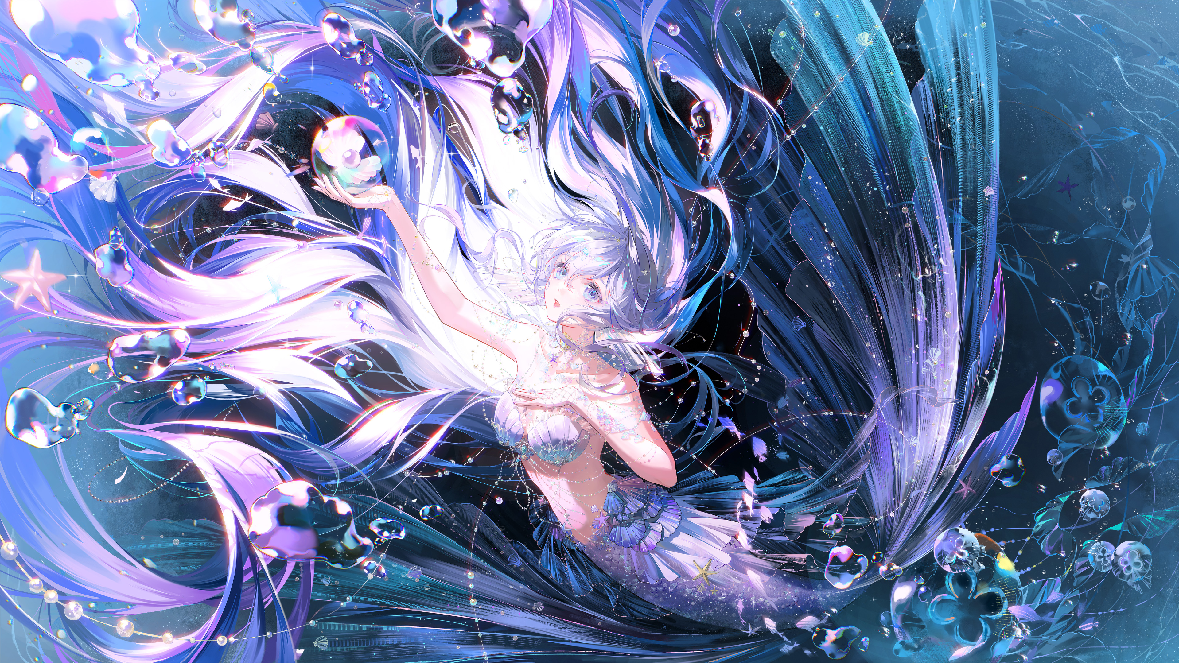 nikki (series), shining nikki, absurdres, artist request, highres, official art, official wallpaper, second-party source, 1girl, absurdly long hair, bare shoulders, bikini, blue eyes, blue scales, blue tail, bubble, circlet, clam, fins, fish tail, floating hair, full body, gem, grey hair, hair between eyes, hand on own chest, head fins, jellyfish, light particles, long hair, looking at object, music, neck, nixie (shining nikki), open mouth, pearl (gemstone), purple bikini, shell, shell bikini, singing, solo, sound of tide's reverie (shining nikki), sparkle, starfish, stomach, swimsuit, tail, underwater, underwear, very long hair