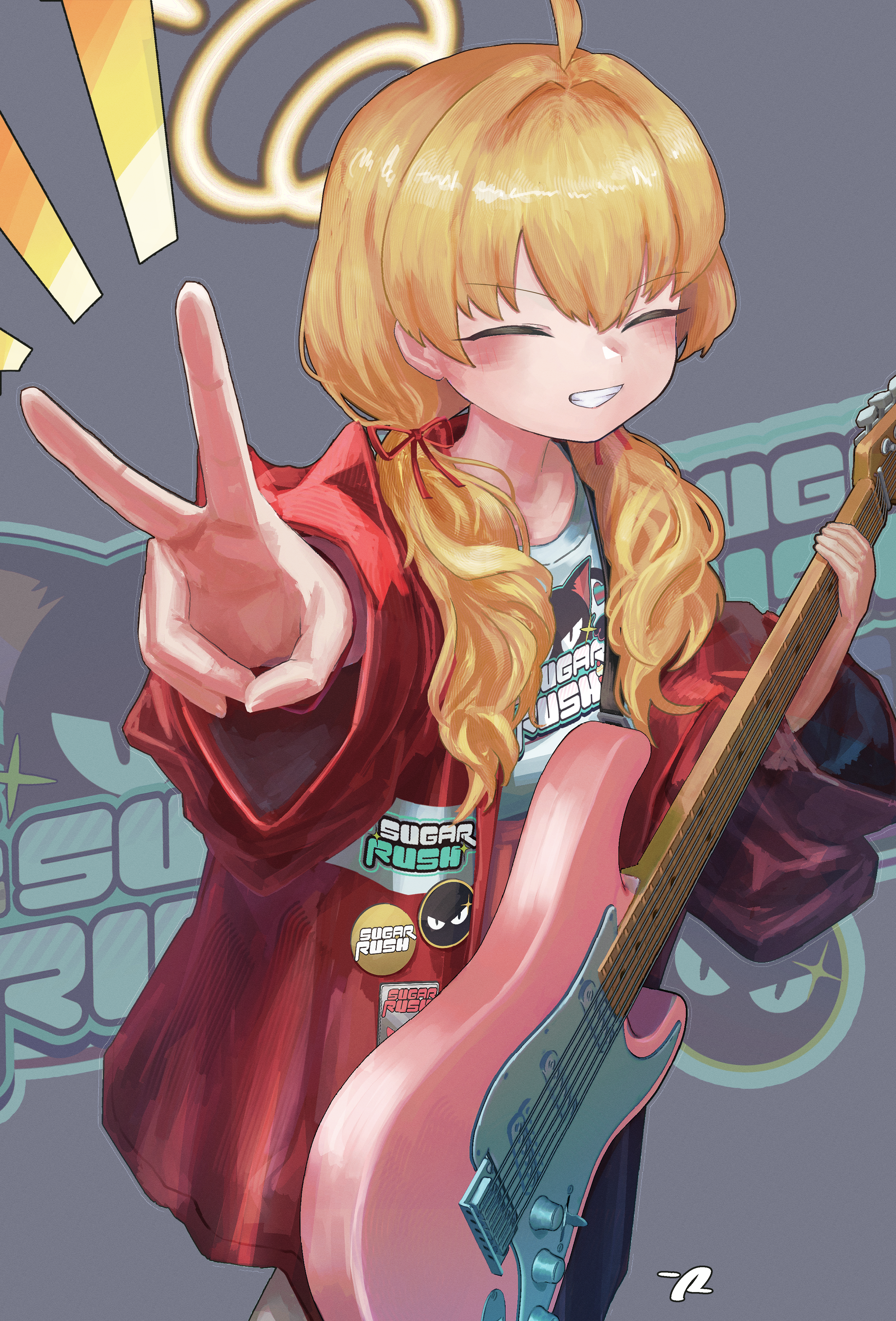 py-2, yoshimi (band) (blue archive), yoshimi (blue archive), blue archive, absurdres, highres, 1girl, ahoge, animal print, black skirt, blonde hair, blush, cat print, closed eyes, grin, guitar, halo, holding, holding guitar, holding instrument, instrument, jacket, long hair, low twintails, official alternate costume, official alternate hairstyle, red jacket, shirt, skirt, smile, solo, twintails, v, white shirt, yellow halo