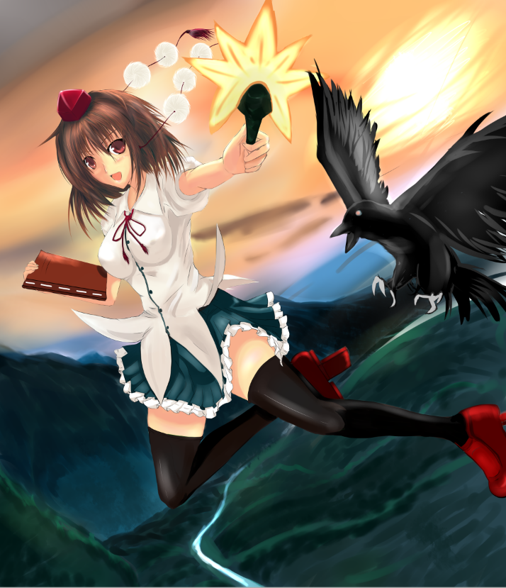 mugen houteishiki, mugenshiki, shameimaru aya, touhou, bad id, bad pixiv id, 1girl, bird, crow, female focus, flying, geta, hand fan, hat, looking at viewer, notebook, open mouth, red eyes, skirt, solo, tengu-geta, thighhighs
