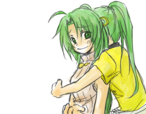 sonozaki mion, sonozaki shion, higurashi no naku koro ni, lowres, 00s, 2girls, green eyes, green hair, hug, multiple girls, ponytail, siblings, sisters, twins