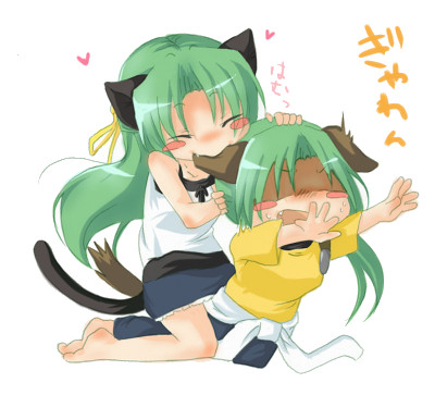 sonozaki mion, sonozaki shion, higurashi no naku koro ni, biting ear, lowres, 00s, 2girls, animal ears, biting, green eyes, green hair, half updo, multiple girls, siblings, sisters, twins