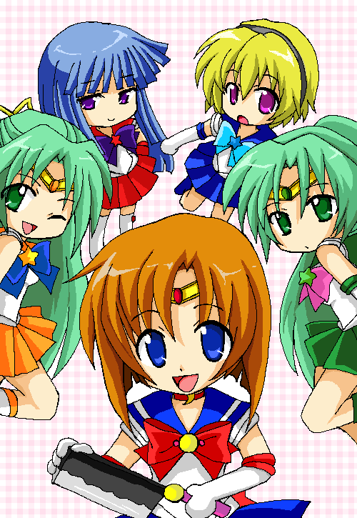 kiiro, furude rika, houjou satoko, ryuuguu rena, sailor jupiter, sailor mars, sailor mercury, sailor moon, sailor venus, sonozaki mion, sonozaki shion, bishoujo senshi sailor moon, higurashi no naku koro ni, bad id, bad pixiv id, 5girls, billhook, blonde hair, blue sailor collar, blue skirt, bow, chibi, cosplay, green skirt, half updo, hatchet, inner senshi, kino makoto (cosplay), magical girl, mizuno ami (cosplay), multiple girls, nata (tool), oekaki, parody, pink bow, red bow, red skirt, sailor collar, sailor jupiter (cosplay), sailor mars (cosplay), sailor mercury (cosplay), sailor moon (cosplay), sailor senshi, sailor senshi (cosplay), sailor venus (cosplay), siblings, sisters, skirt, tsukino usagi (cosplay), twins