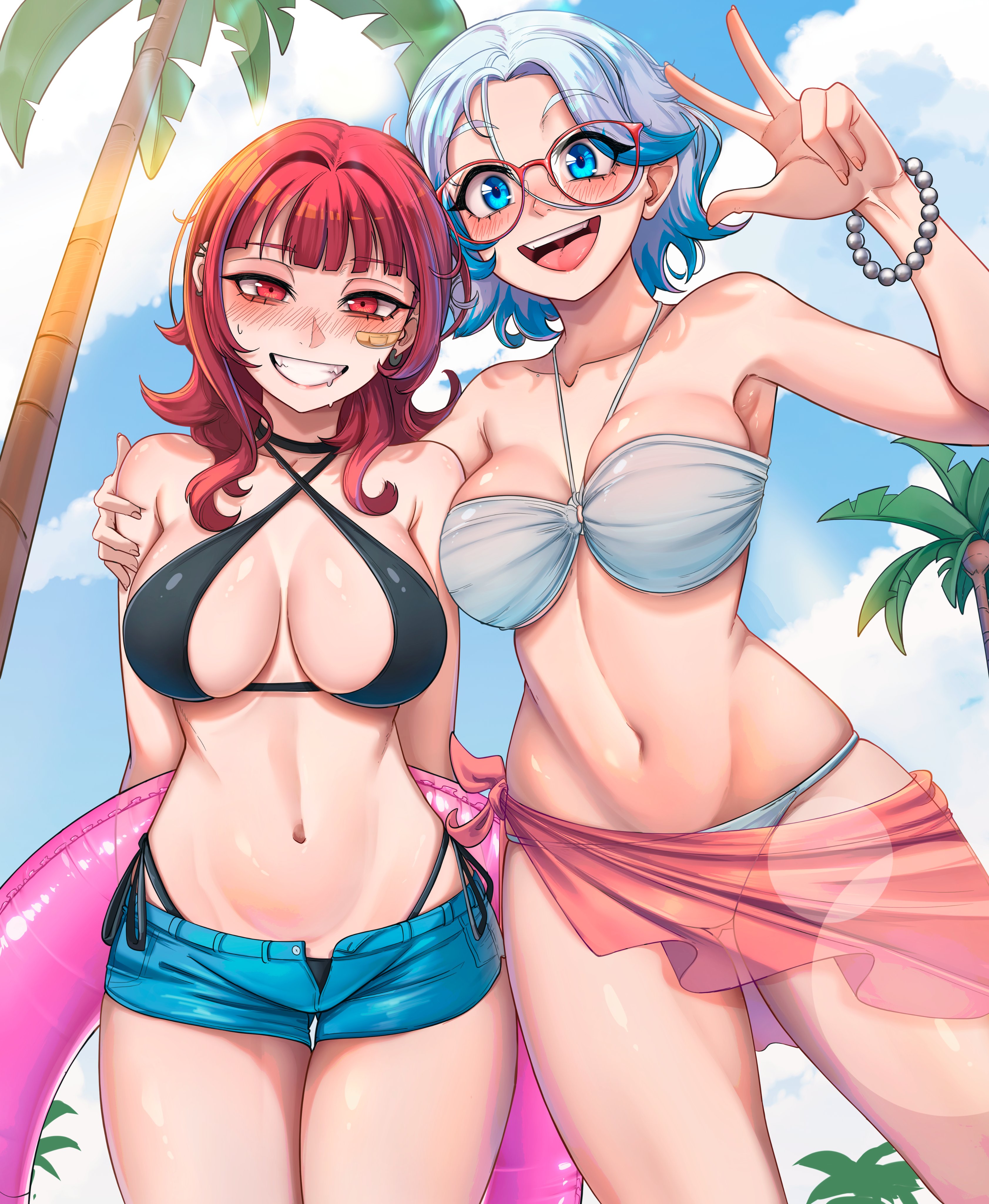 dilan griz, original, absurdres, commentary, english commentary, highres, 2girls, :d, bandaid, bandaid on cheek, bandaid on face, bead bracelet, beads, bikini, black bikini, blue eyes, blue hair, blue shorts, blue sky, blush, bracelet, breasts, charlotte (dilan griz), choppy bangs, cloud, colored tips, cowboy shot, criss-cross halter, day, ear piercing, glasses, grin, halterneck, hand on another's shoulder, hand up, jewelry, kat (dilan griz), large breasts, looking at viewer, medium hair, micro shorts, multicolored hair, multiple girls, navel, open mouth, outdoors, palm tree, piercing, red eyes, red hair, short hair, shorts, side-tie bikini bottom, sky, smile, stomach, sweat, swimsuit, tree, w, white bikini, white hair