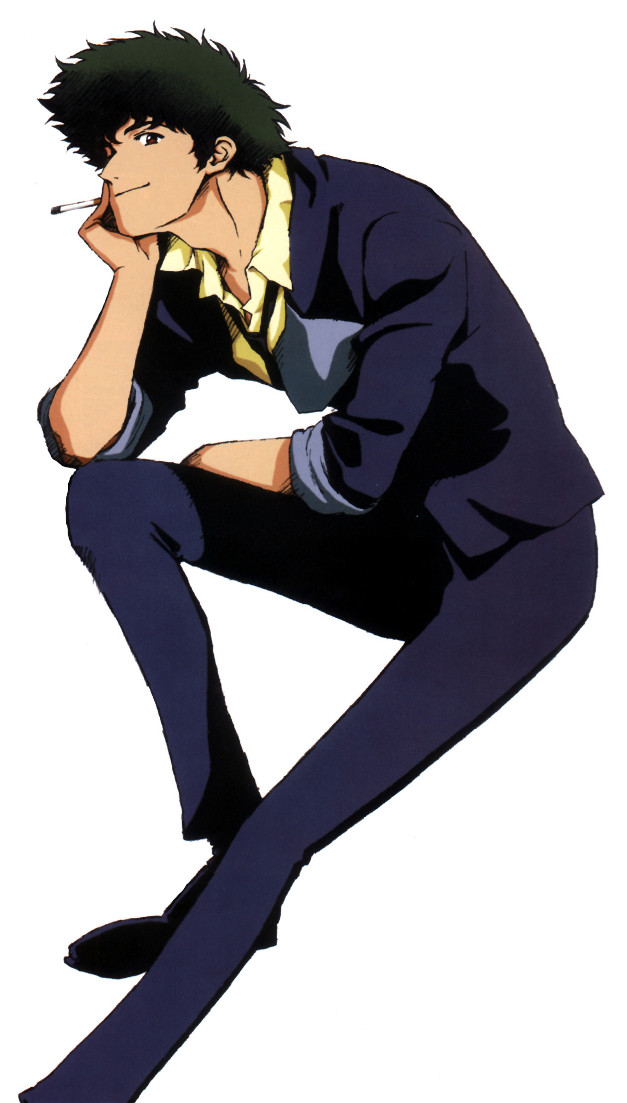 spike spiegel, cowboy bebop, highres, official art, textless version, 1990s (style), 1boy, brown hair, cigarette, formal clothes, green hair, head rest, male focus, necktie, retro artstyle, shirt, sitting, smoking, solo, suit, transparent background, white background, yellow shirt