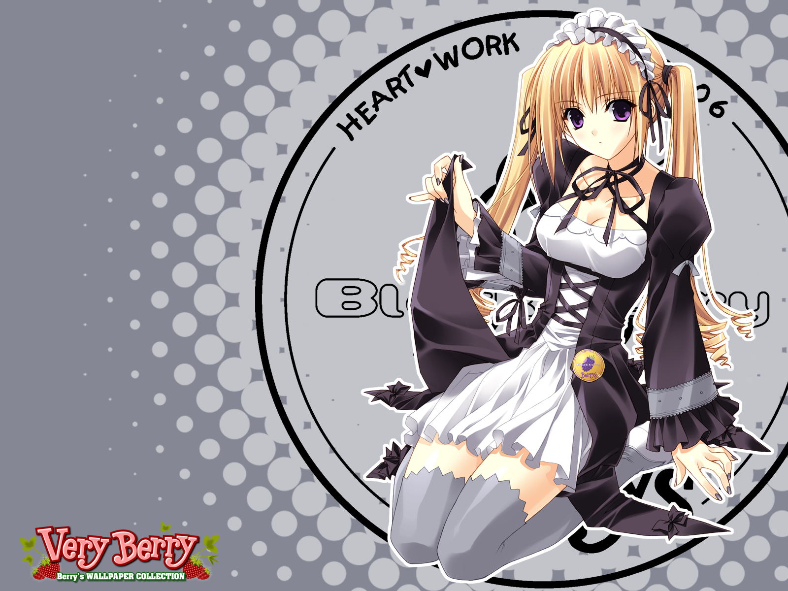 suzuhira hiro, izutsu aya, berry's, very berry, highres, 1girl, blonde hair, dress, drill hair, female focus, frilled hairband, frills, goth fashion, hairband, kneeling, long hair, maid, nail polish, purple eyes, purple nails, solo, thighhighs, thighs, twintails