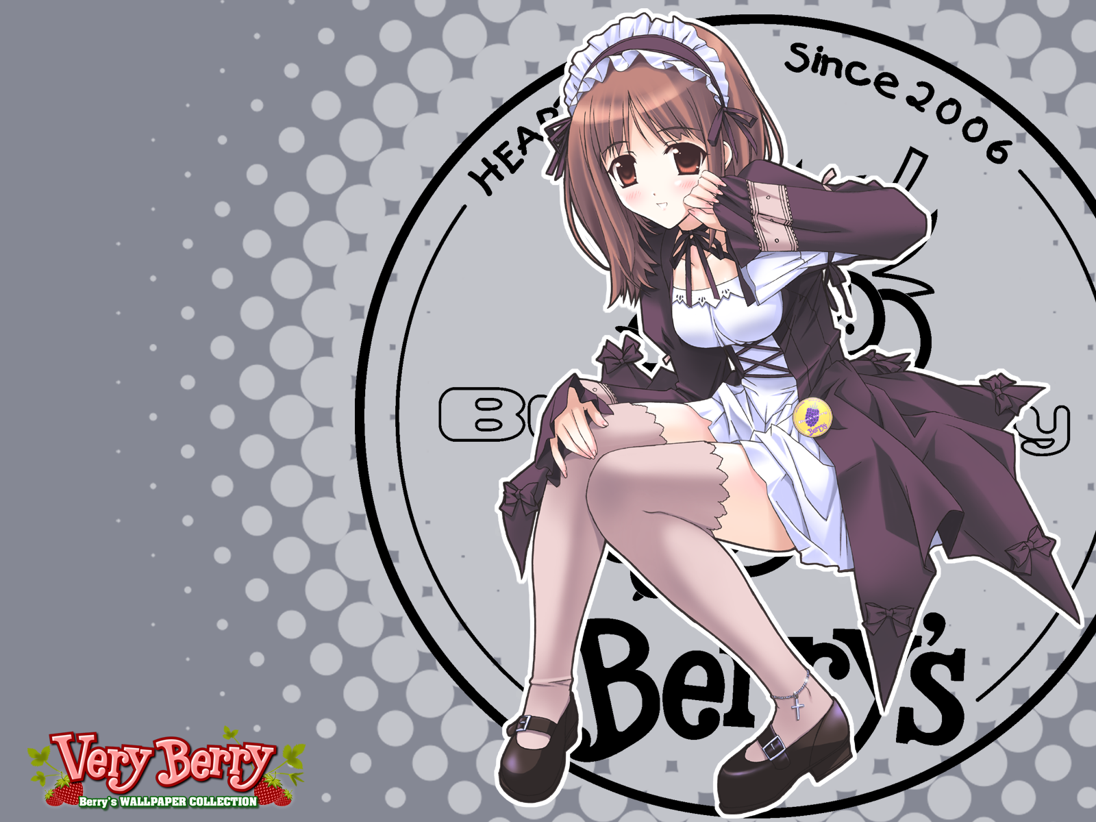 itsumu aruha, berry's, very berry, highres, 1girl, blush, brown eyes, brown hair, dress, female focus, frilled hairband, frills, goth fashion, hairband, logo, shoes, solo, thighhighs, thighs