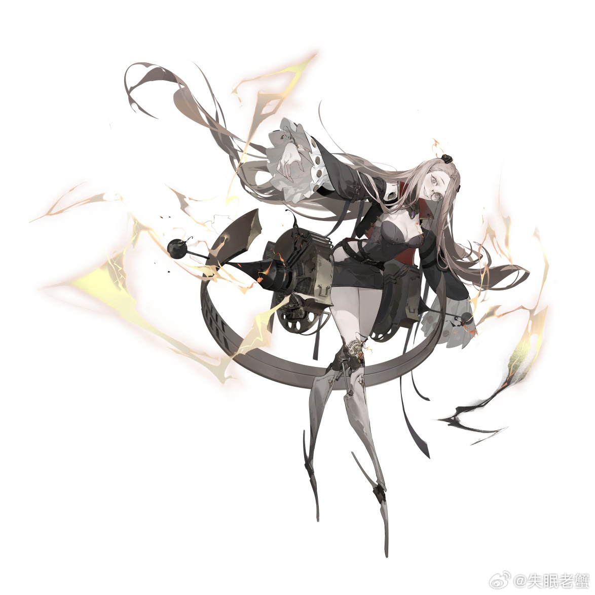 krab (fumekrab), chinese commentary, official art, 1girl, android, belt, black belt, black collar, black dress, black jacket, breasts, brown eyes, brown hair, cleavage, clothing cutout, collar, crazy eyes, crazy smile, cropped jacket, cuffed, cuffs, dress, electricity, en pointe, erica (morimens), full body, gears, hair ornament, handcuffs, head tilt, hip vent, jacket, leaning forward, long hair, long sleeves, machine, monocle, morimens, open clothes, open jacket, outstretched arms, parted lips, pencil dress, pleated sleeves, prosthesis, prosthetic leg, short dress, side part, simple background, sleeves past wrists, smile, solo, spread arms, standing, strapless, strapless dress, swept bangs, very long hair, watermark, weibo watermark, white background
