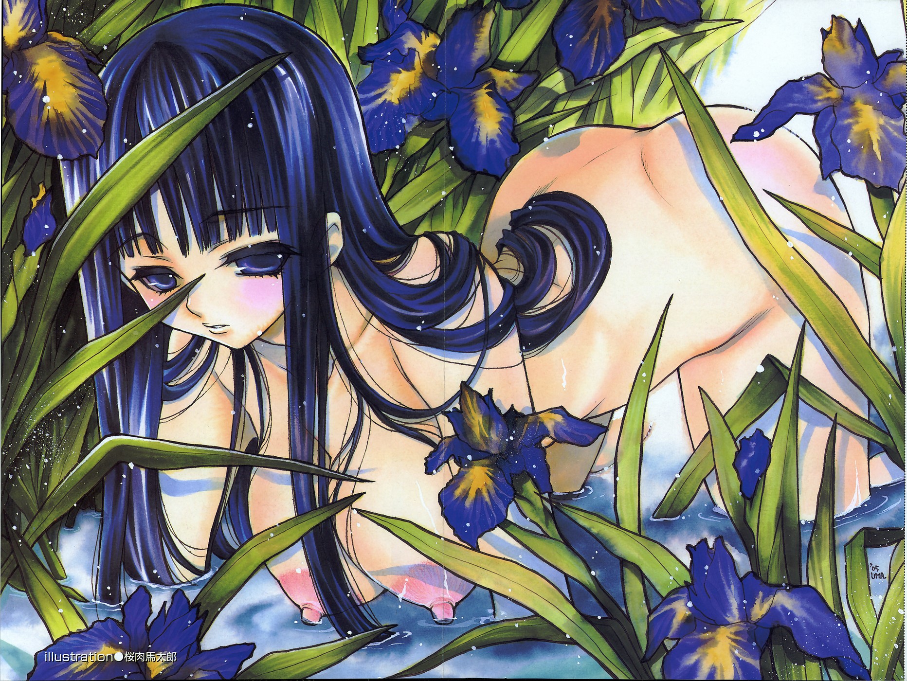 highres, marker (medium), scan, traditional media, all fours, blue eyes, blue hair, blush, breasts, flower, grass, huge nipples, large breasts, long hair, nipples, nude, solo, water, wet
