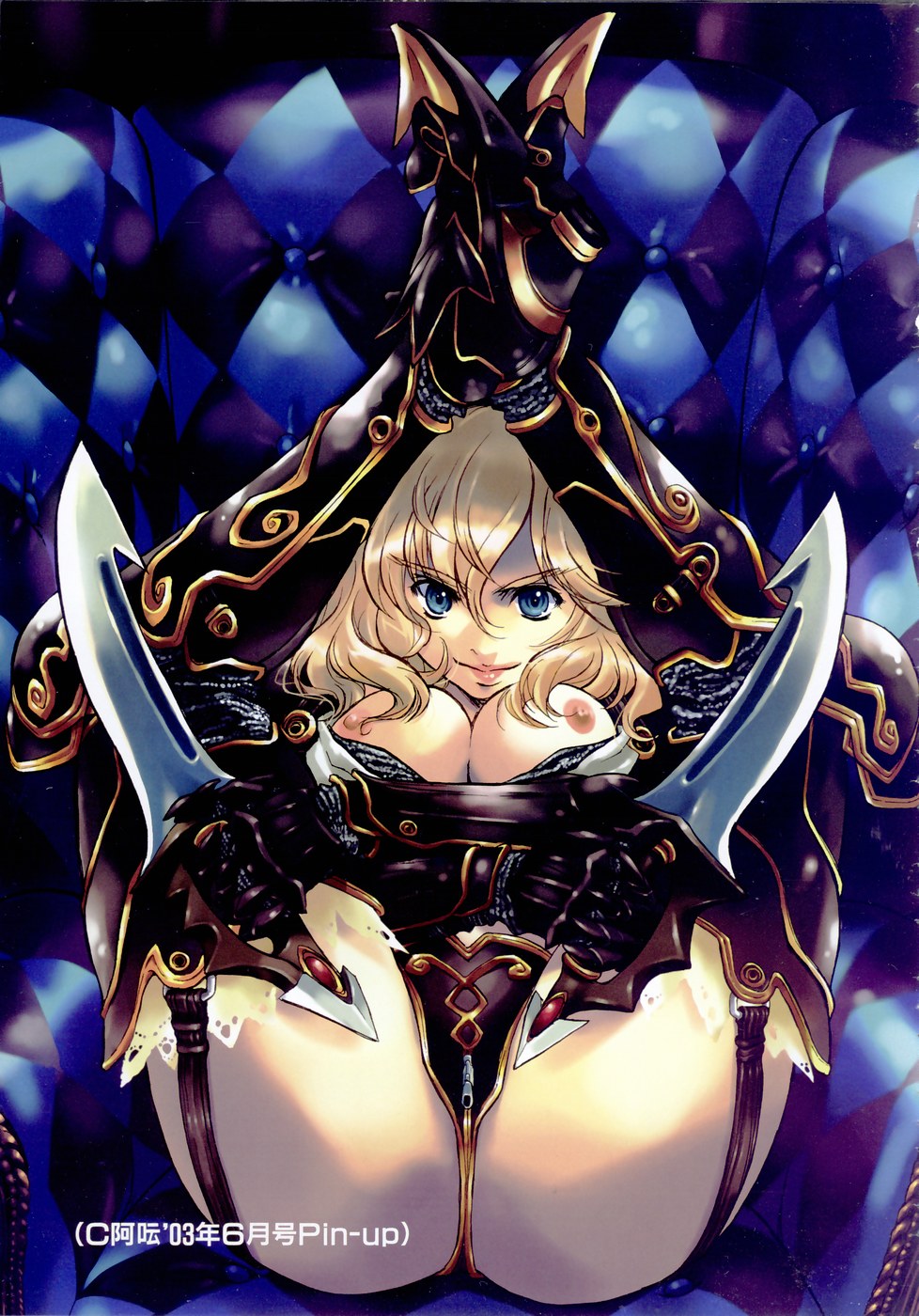 matsumoto noriyuki, original, highres, 1girl, armor, ass, blonde hair, blue eyes, breasts, censored, convenient censoring, female focus, garter belt, hair over breasts, knife, large breasts, legs up, long hair, solo