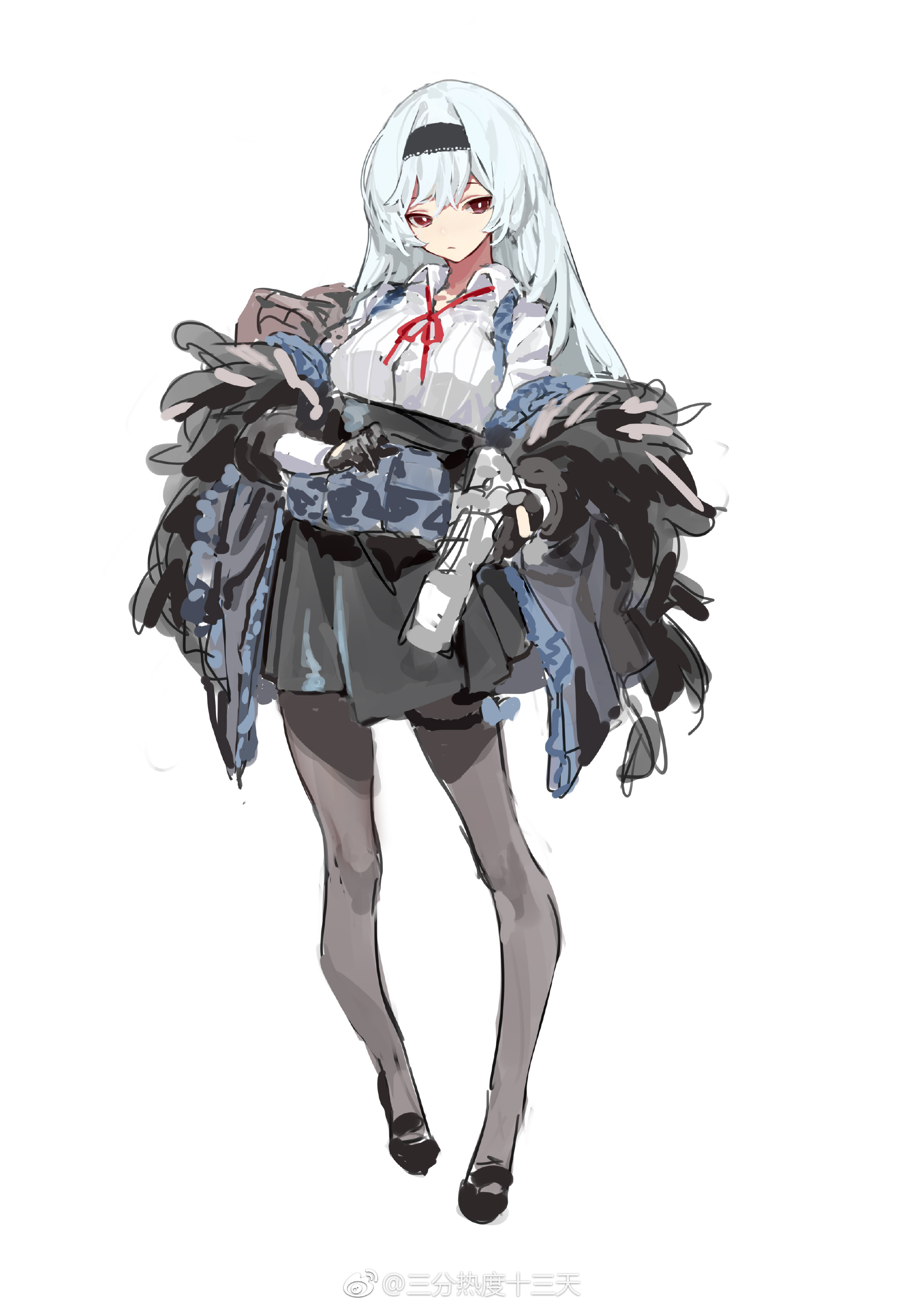 shisantian, thunder (girls' frontline), girls' frontline, absurdres, highres, 1girl, black socks, bow, breasts, feathers, gloves, gun, hair between eyes, handgun, long hair, red bow, red eyes, scar, socks, solo, standing, weapon, white hair