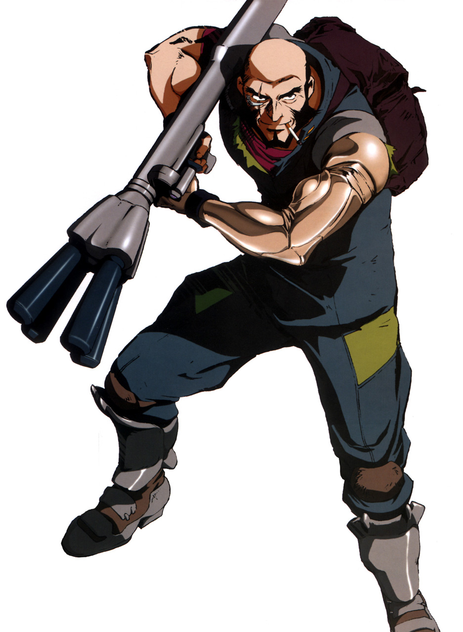jet black, cowboy bebop, highres, official art, textless version, 1990s (style), 1boy, backpack, bag, beard, cigarette, facial hair, male focus, randoseru, retro artstyle, smoking, solo, weapon