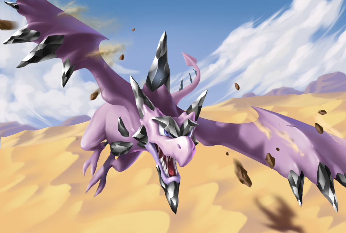 yangzzz, aerodactyl, mega aerodactyl, nintendo, pokemon, animal focus, blue eyes, blue sky, cloud, day, desert, dinosaur, flying, gen 1 pokemon, looking afar, mega pokemon, no humans, open mouth, outdoors, pokemon (creature), saliva, sand, sharp teeth, sky, solo, spikes, teeth, tongue