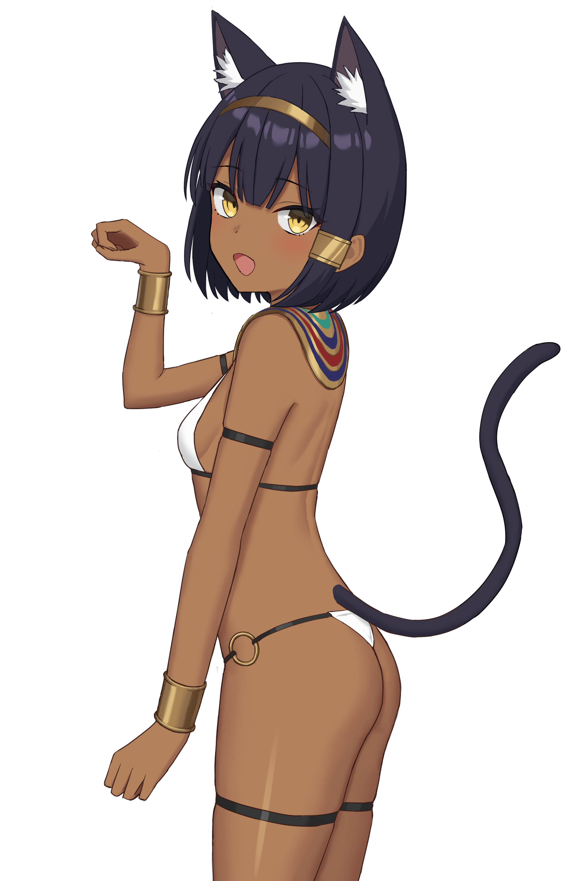 original, absurdres, highres, 1girl, :d, ancient egyptian clothes, animal ears, arm strap, ass, black hair, bra, bracelet, breasts, cat ears, cat girl, cat tail, dark-skinned female, dark skin, from side, gold bracelet, gold hairband, hair ornament, hairband, hairclip, if you want to become a godly artist (trend), jewelry, karasuma kei, looking at viewer, o-ring, o-ring bottom, o-ring panties, open mouth, panties, paw pose, short hair, simple background, small breasts, smile, tail, thigh strap, underwear, underwear only, usekh collar, white background, white bra, white panties, yellow eyes