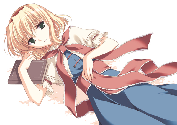 odawara hakone, alice margatroid, touhou, 1girl, blonde hair, book, female focus, green eyes, lying, odawara hakone (pixiv 227274), short hair, solo, white background