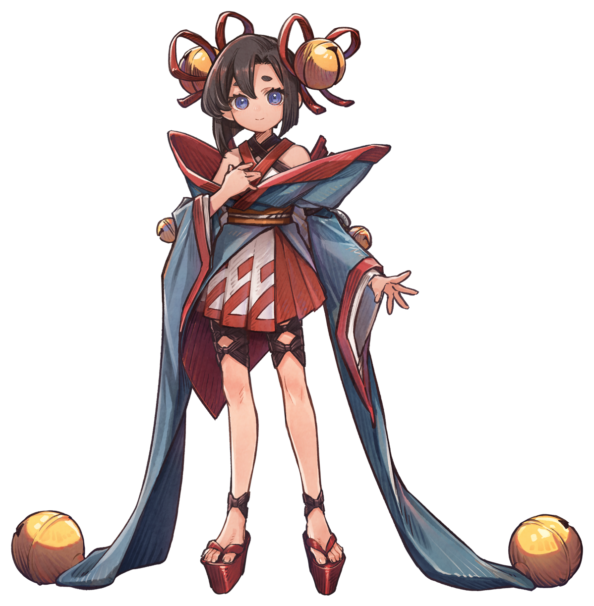 bandai namco, artist request, highres, official art, second-party source, 1girl, asymmetrical bangs, bare shoulders, bell, blue eyes, blue kimono, blue sleeves, blunt sidelocks, brown hair, closed mouth, criss-cross halter, cross-laced clothes, cross-laced legwear, eyelashes, full body, furisode, hair bell, hair intakes, hair ornament, hair ribbon, hakama, hakama skirt, halterneck, hand on own chest, impasto, japanese clothes, jingle bell, kimono, kimono dress, legs apart, long sleeves, obi, obijime, okobo, open hand, orange sash, parted bangs, parted hair, platform sandals, red hakama, red ribbon, red sandals, ribbon, sandals, sash, short eyebrows, short hair, sidelocks, skirt, sleeve bell, smile, solo, split mouth, standing, tachi-e, thick eyebrows, tied sleeves, toenails, toes, towa (towa and the guardians of the sacred tree), towa and the guardians of the sacred tree, transparent background, very long sleeves, wide sleeves