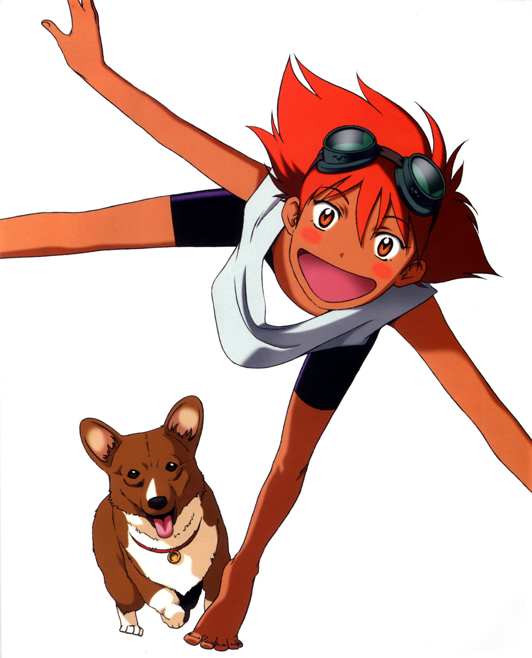 edward wong hau pepelu tivrusky iv, ein (cowboy bebop), cowboy bebop, highres, scan, 1990s (style), 1girl, :d, androgynous, bike shorts, blush, blush stickers, brown eyes, dark-skinned female, dark skin, dog, goggles, open mouth, red hair, retro artstyle, reverse trap, short hair, smile, tomboy, welsh corgi