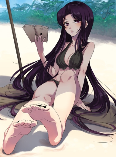 barefoot, beach, bikini, black bikini, black hair, black nails, blush, book, breasts, cleavage, feet, foot focus, long hair, nail polish, nature, open book, purple hair, reading, sitting, soles, solo, swimsuit, toenail polish, toenails, toes, wariza