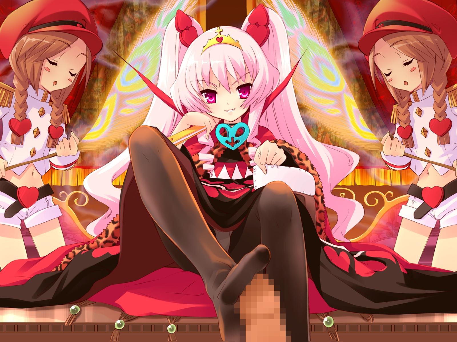 ito noizi, lavinia (alice parade), servant, alice parade, highres, 3girls, braid, brown hair, censored, closed eyes, crown, feet, footjob, footjob with legwear, hat, long hair, midriff, multiple girls, panties, panties under pantyhose, pantyhose, pantyshot, penis, pink hair, purple eyes, shorts, sitting, smile, twin braids, twintails, underwear