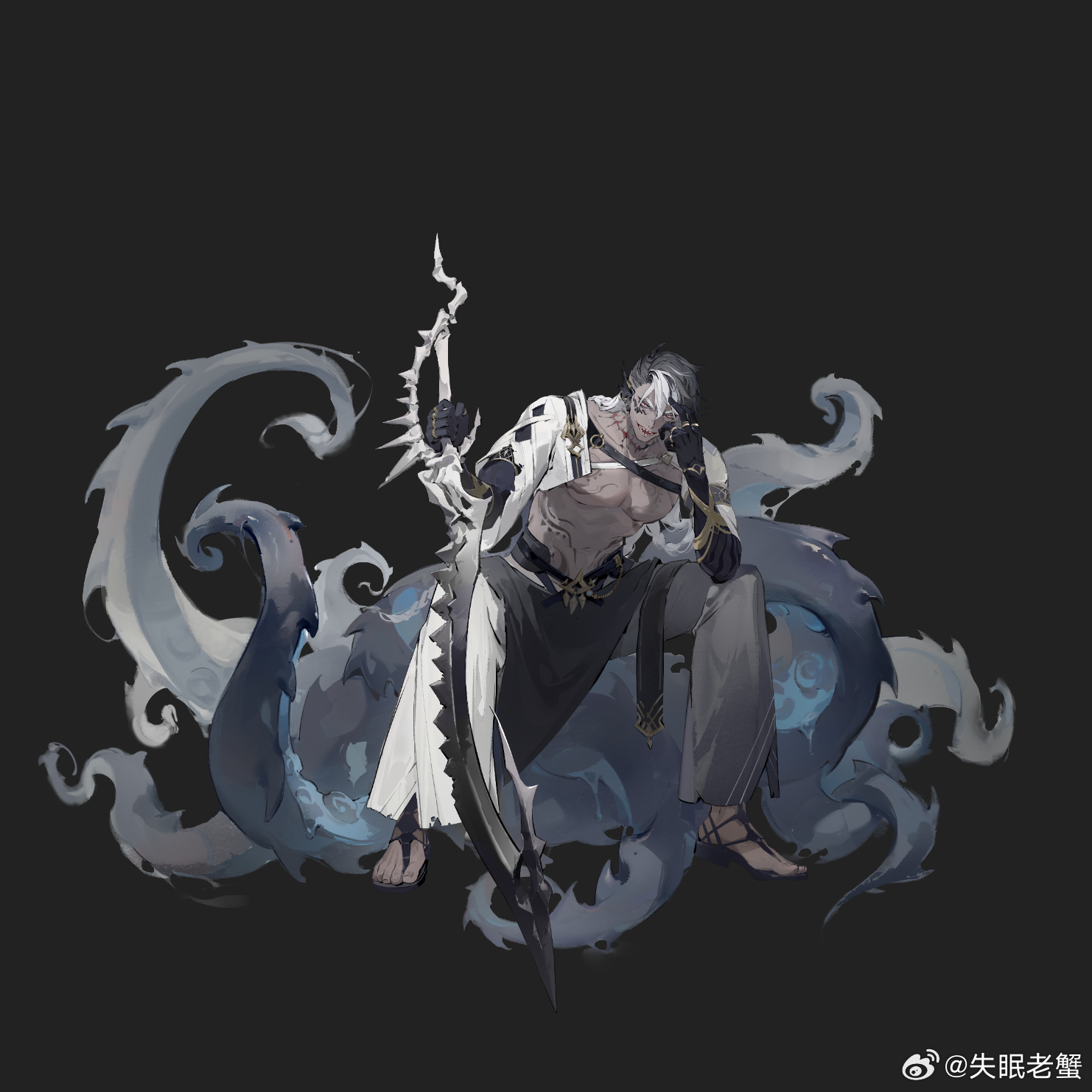 krab (fumekrab), chinese commentary, highres, official art, 1boy, :d, bare pectorals, belt, black background, black belt, black gloves, black sandals, black scales, braid, chest tattoo, dark-skinned male, dark skin, elbow gloves, elbows on knees, fins, full body, gloves, goliath (morimens), greatsword, grey hair, grey pants, hair between eyes, head fins, holding, holding sword, holding weapon, jewelry, long hair, looking at viewer, male focus, morimens, multiple braids, multiple rings, no shirt, open mouth, pants, pectorals, pelvic curtain, pink eyes, ring, sandals, scar, scar on neck, sharp teeth, shrug (clothing), side part, simple background, sitting, smile, solo, spread legs, sword, tattoo, teeth, tentacles, thick eyebrows, three-quarter sleeves, toenails, two-tone pants, v-shaped eyebrows, watermark, weapon, weibo watermark, white hair, white pants, white sleeves