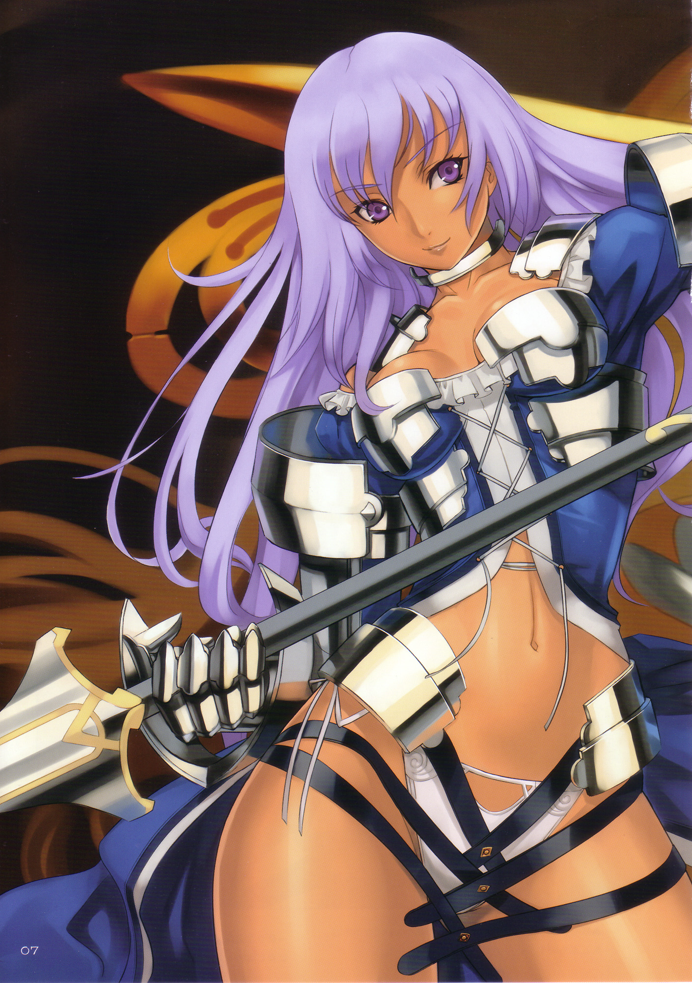 eiwa, highres, scan, 1girl, armor, breasts, cleavage, collar, corset top, dark-skinned female, dark skin, female focus, gauntlets, long hair, medium breasts, midriff, panties, polearm, purple eyes, purple hair, shoulder pads, side-tie panties, smile, solo, spear, underwear, weapon, white panties