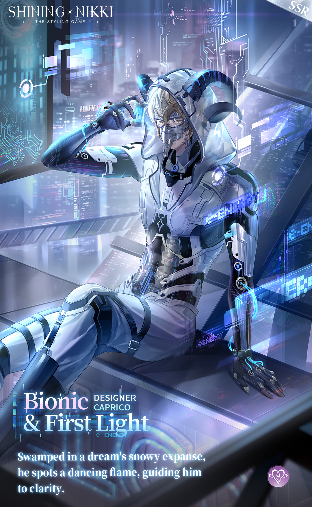 nikki (series), shining nikki, artist request, commentary, english commentary, highres, official art, second-party source, 1boy, belt, belt buckle, bionic & first light (shining nikki), black belt, blonde hair, brown eyes, buckle, caprico (shining nikki), character name, city, copyright name, covered mouth, curled horns, cyborg, english text, expressionless, fake horns, feet out of frame, goat horns, goat mask, grey hood, grey mask, holographic monitor, hood, hood up, horns, horns through hood, jacket, knee pads, leg belt, light particles, logo, looking at viewer, male focus, mechanical arms, multiple belts, night, on rooftop, outdoors, pants, science fiction, see-through hood, shadow, short hair, sitting, skyline, solo, thigh belt, thigh strap, white jacket, white pants