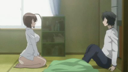 musubi, sahashi minato, sekirei, animated, animated gif, anime screenshot, lowres, non-web source, 00s, 1boy, 1girl, ahoge, bouncing breasts, breasts, brown hair, huge breasts, kneeling, open clothes, open shirt, panties, shirt, short hair, subtitled, underwear, undressing