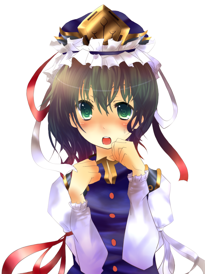 mukai nao, shiki eiki, touhou, bad id, bad pixiv id, 1girl, female focus, green hair, hat, ribbon, short hair, simple background, solo, standing, upper body, white background
