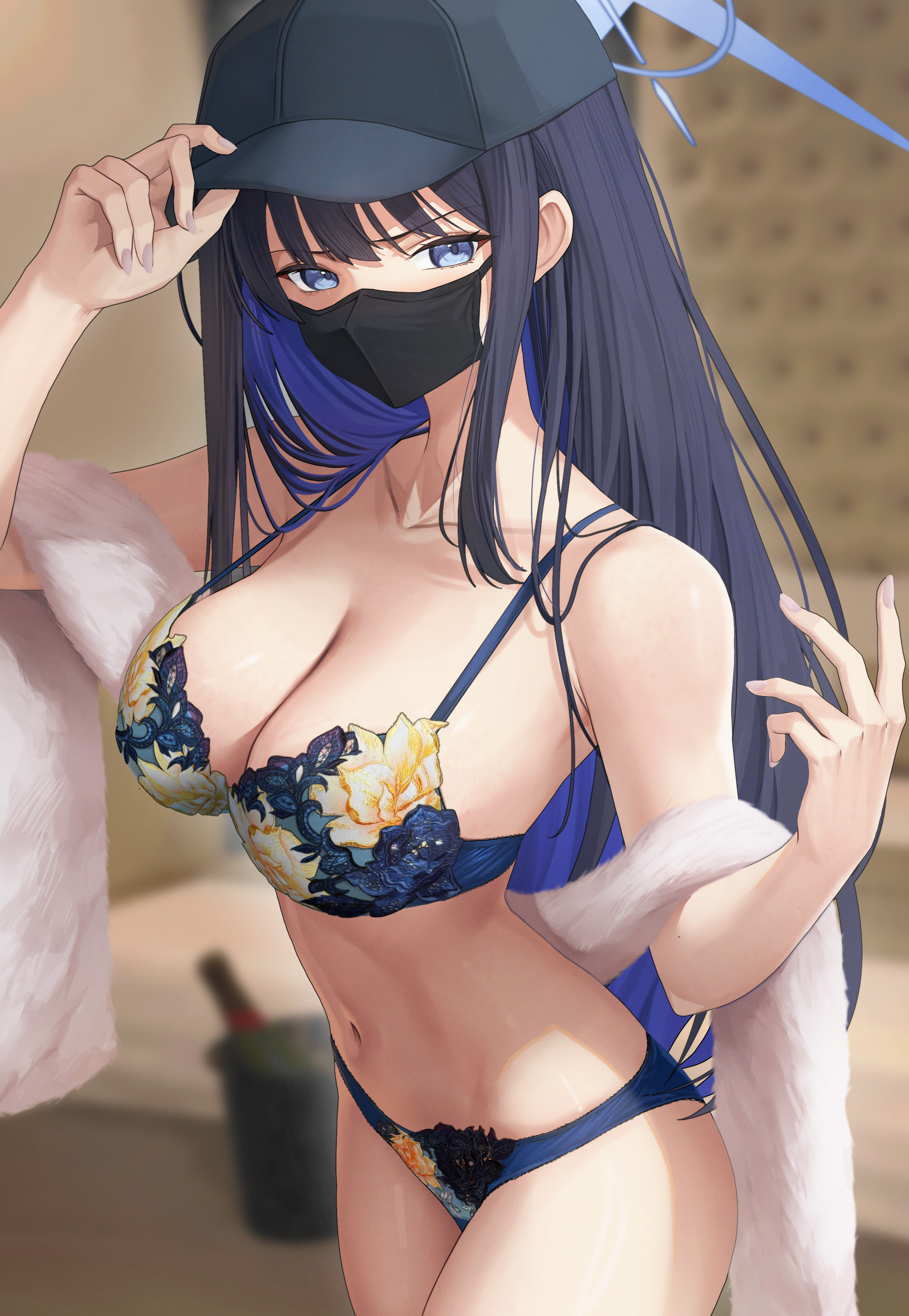 lp (lp0000 k), saori (blue archive), blue archive, absurdres, highres, 1girl, bare arms, bare shoulders, baseball cap, black hair, black hat, black mask, blue bra, blue eyes, blue hair, blue halo, blue panties, blush, bra, breasts, cleavage, colored inner hair, embroidered bra, embroidered panties, halo, hat, large breasts, long hair, looking at viewer, mask, mouth mask, multicolored hair, navel, panties, sidelocks, solo, stomach, two-tone hair, underwear, underwear only