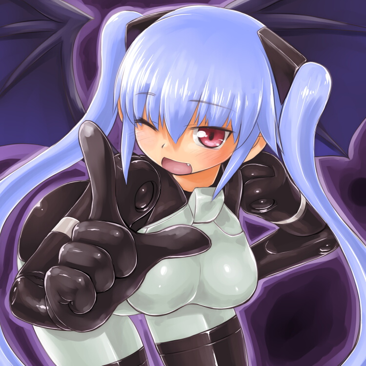 dd (ijigendd), strarf, busou shinki, bad id, bad pixiv id, 10s, 1girl, blue hair, breasts, doll joints, fang, female focus, gradient background, joints, long hair, one eye closed, pink eyes, solo, twintails, wink