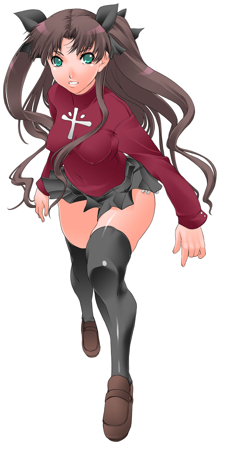 shinama, tohsaka rin, fate/stay night, fate (series), highres, 00s, 1girl, black thighhighs, blue eyes, brown hair, brown shoes, female focus, full body, long hair, panties, pantyshot, shoes, side-tie panties, simple background, skirt, solo, thighhighs, two side up, underwear, upskirt, white background