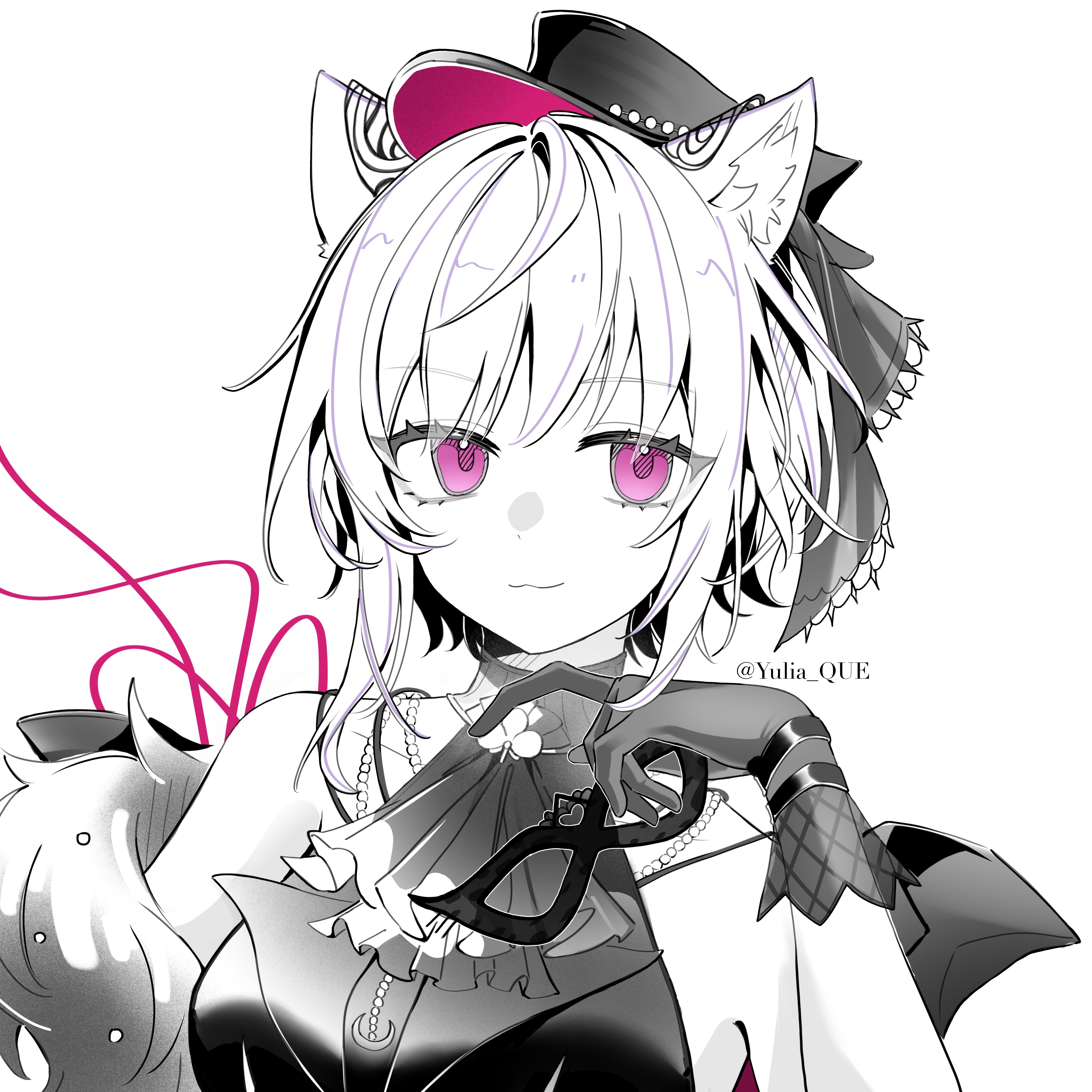 yuutenji nyamu, yuutenji nyamu (magician of passion), bang dream!, bang dream! it's mygo!!!!!, absurdres, chinese commentary, commentary request, highres, 1girl, :3, animal ear fluff, animal ears, ascot, breasts, cat ears, cat girl, closed mouth, gloves, hat, holding, holding mask, lanmei nai fu ye, looking at viewer, mask, medium breasts, purple eyes, short hair, simple background, smile, solo, spot color, upper body, white background