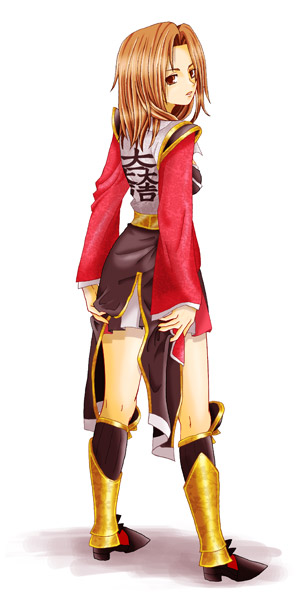 ishida mitsunari, ishida mitsunari (sengoku musou), mitsunari ishida, sengoku musou, sengoku musou 2, 1girl, armor, armored boots, ass, boots, brown eyes, brown hair, female focus, from behind, genderswap, genderswap (mtf), knee boots, long sleeves, looking back, military, military uniform, short hair, solo, standing