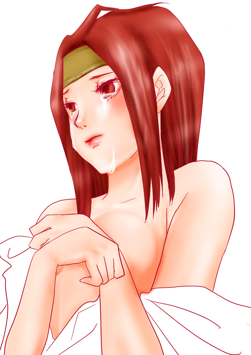 ishida mitsunari, ishida mitsunari (sengoku musou), mitsunari ishida, sengoku musou, sengoku musou 2, looking away, gender request, highres, 1girl, ahoge, bare shoulders, breasts, collarbone, female focus, genderswap, large breasts, looking to the side, red eyes, red hair, short hair, simple background, solo, white background